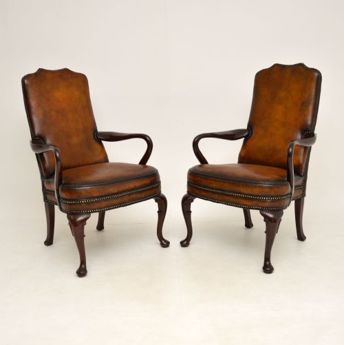 Pair of Antique Georgian Style Leather & Mahogany Armchairs
