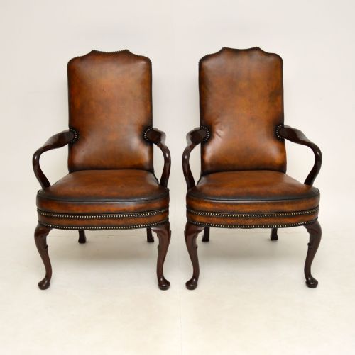 fig 1. Pair of Antique Georgian Style Leather & Mahogany Armchairs