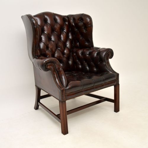 Antique Deep Buttoned Leather Wing Back Armchair