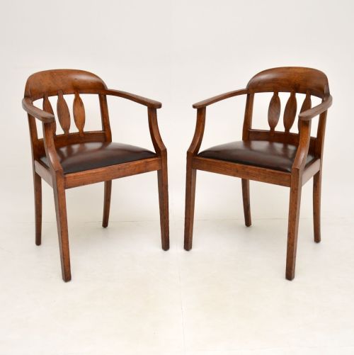 Pair of Antique Arts & Crafts Solid Oak Armchairs
