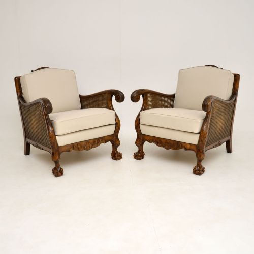 Pair of Antique Swedish Satin Birch Bergere Armchairs