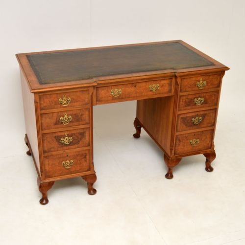 Antique Burr Walnut Leather Top Pedestal Desk

