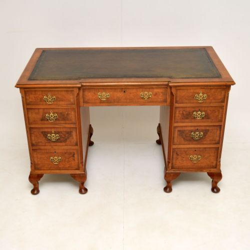 fig 1. Antique Burr Walnut Leather Top Pedestal Desk
