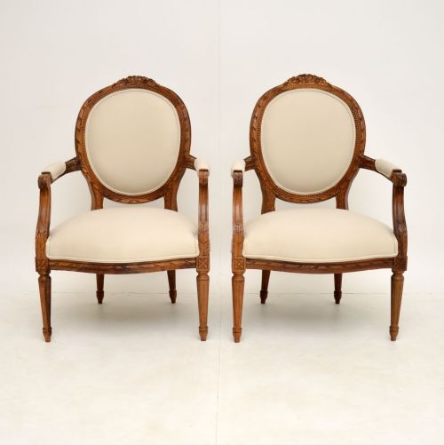 fig 1. Pair of Antique French Walnut Salon Armchairs