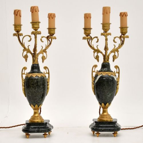 Pair of Antique French Gilt Metal & Marble Lamps
