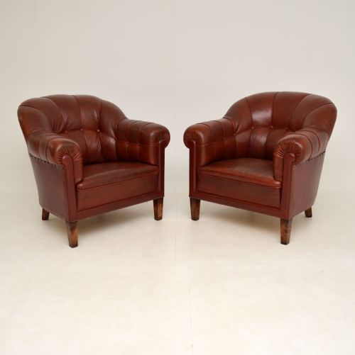 Pair of Antique Swedish Leather Club Armchairs