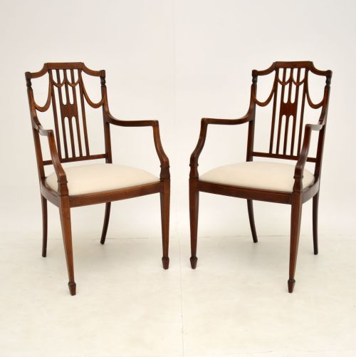 Pair of Antique Edwardian Inlaid Mahogany Armchairs