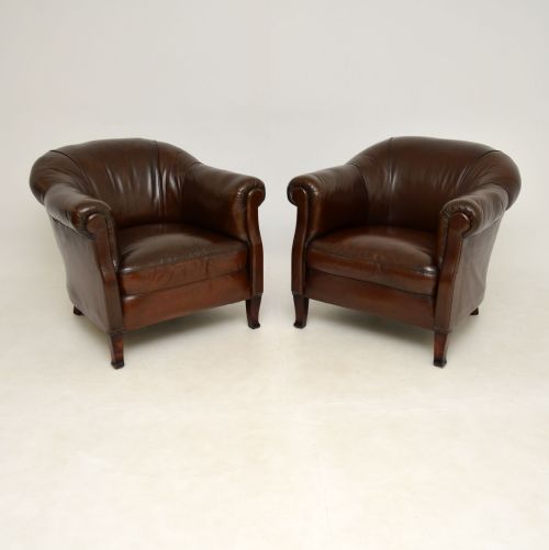Pair of Antique Swedish Leather Club Armchairs

