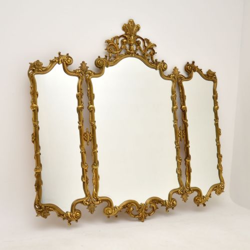 Large Antique French Rococo Style Brass Mirror