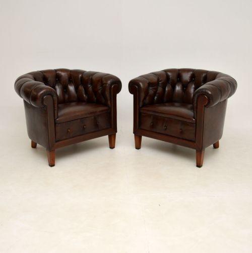 Pair of Antique Swedish Leather Chesterfield Armchairs