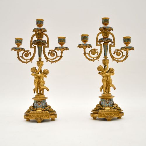 Pair of Antique French Victorian Gilt Bronze Champlevé Candelabra