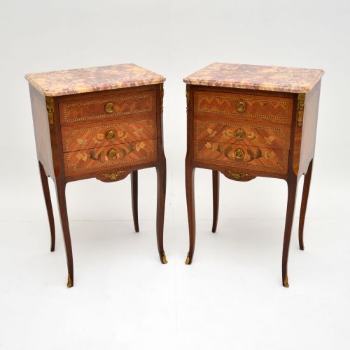 Pair of Antique French Inlaid Marble Top Bedside Chests
