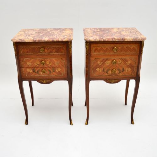 fig 1. Pair of Antique French Inlaid Marble Top Bedside Chests