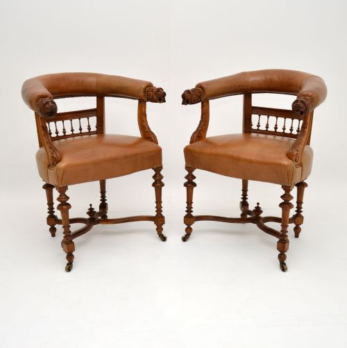 Pair of Antique Leather & Carved Oak Armchairs