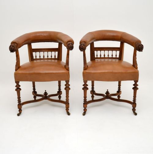 fig 1. Pair of Antique Leather & Carved Oak Armchairs