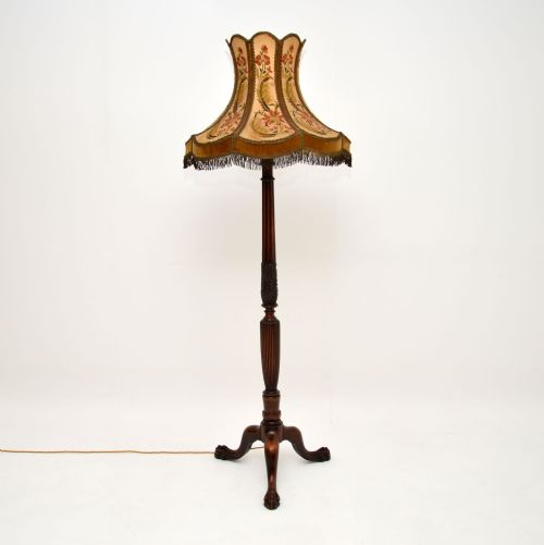 Antique Carved Mahogany Floor Lamp with Needlepoint Shade
