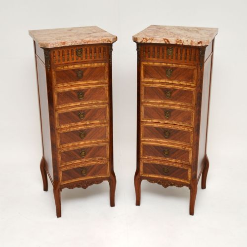 Pair of Antique French Marble Top Slim Chests of Drawers