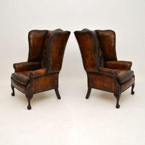 fig 1. Pair of Antique Leather Wing Back Armchairs