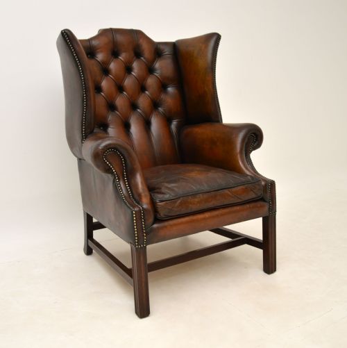 Antique Leather & Mahogany Wing Back Armchair
