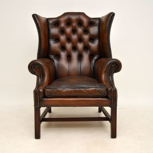 fig 1. Antique Leather & Mahogany Wing Back Armchair
