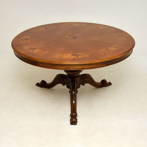 Antique Italian Marquetry Top Walnut Dining Table
