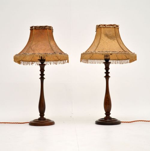 Pair of Antique Walnut Table Lamps with Parchment Shades
