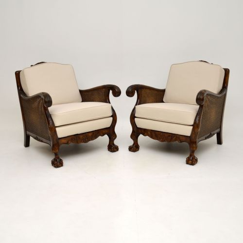Pair of Antique Swedish Satin Birch Bergere Armchairs