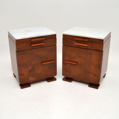 Pair of Art Deco Satin Birch Marble Top Bedside Cabinets