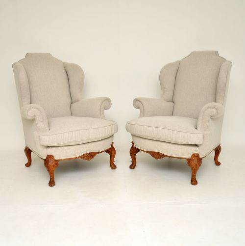 Pair of Antique Carved Walnut Wing Back Armchairs