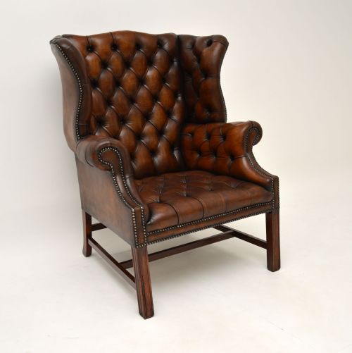 Antique Deep Buttoned Leather Wing Back Armchair