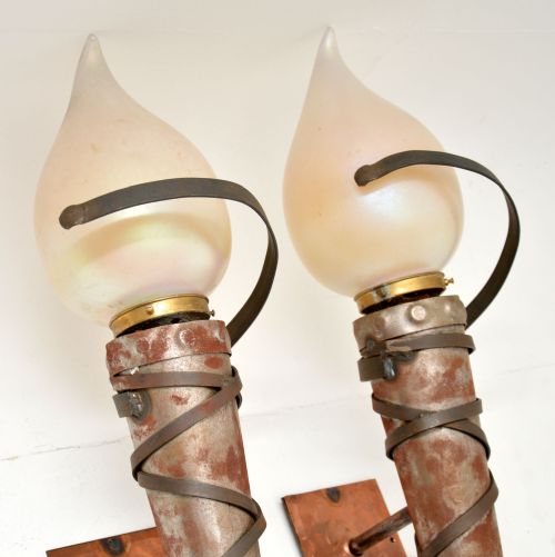 fig 1. Pair of Art Deco Steel , Copper and Glass Wall Sconce Lamps