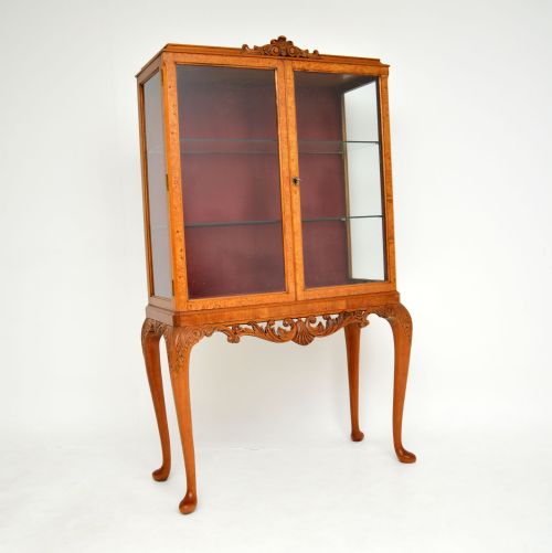 Antique Queen Anne Style Burr Walnut Display Cabinet
