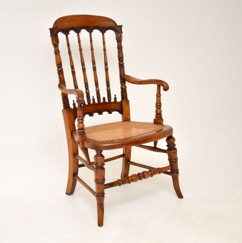 Antique Victorian Carved & Cane Seated Armchair
