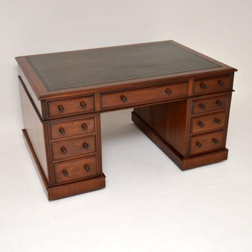 Antique Victorian Mahogany Leather Top Partners Desk
