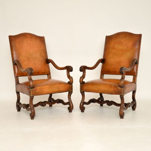 Pair of Antique Swedish Leather & Walnut Armchairs
