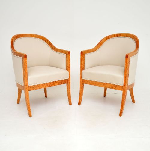 Pair of Antique Swedish Tiger Birch Biedermeier Armchairs