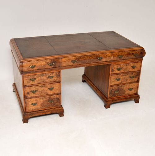 Large Antique Burr Walnut Leather Top Pedestal Desk