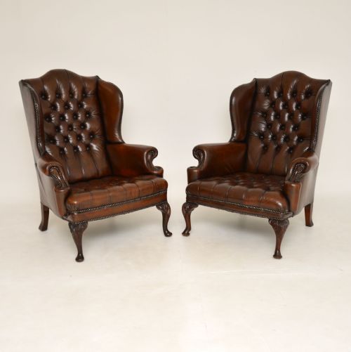 Pair of Antique Leather Wing Back Armchairs