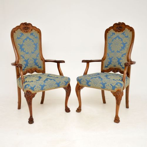 Pair of Antique Walnut Carver Armchairs