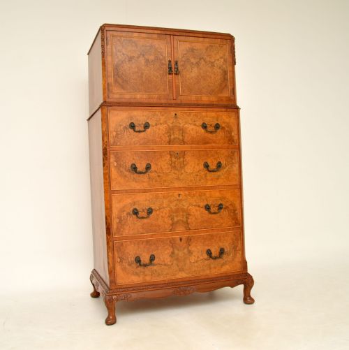 Antique Burr Walnut Cabinet on Chest of Drawers