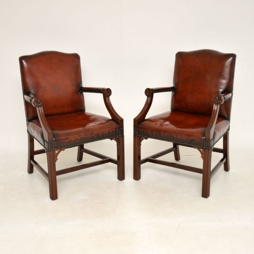Pair of Antique Leather & Mahogany Gainsborough Armchairs