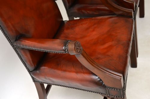 fig 1. Pair of Antique Leather & Mahogany Gainsborough Armchairs