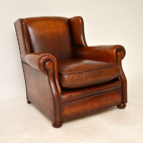 Antique Studded Leather Wing Back Club Armchair