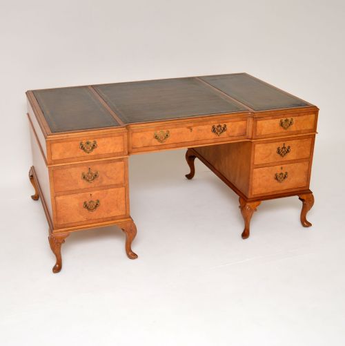 Antique Burr Walnut Leather Top Pedestal Desk