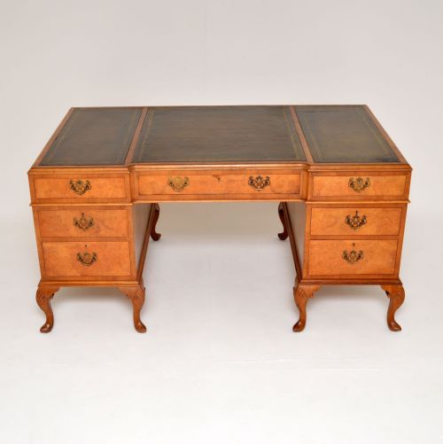 fig 1. Antique Burr Walnut Leather Top Pedestal Desk