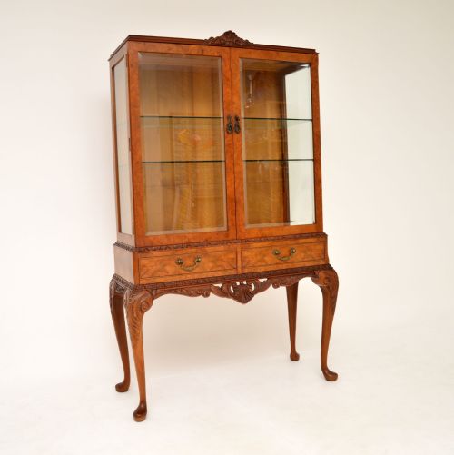 Antique Burr Walnut Queen Anne Style Display Cabinet