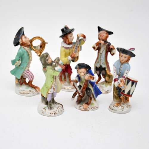 6 Antique German Pottery Monkey Band Figurines