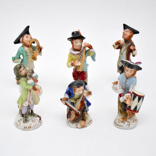 fig 1. 6 Antique German Pottery Monkey Band Figurines