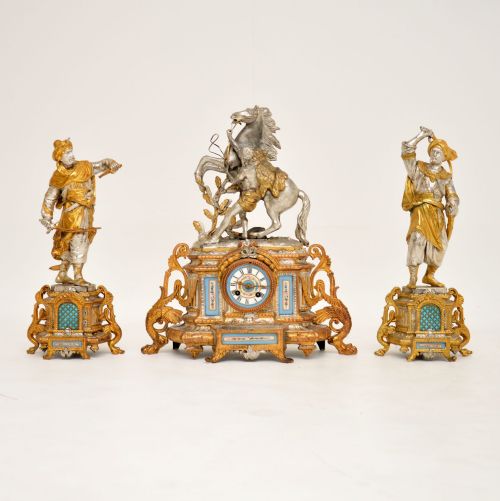Antique French Gilt Metal Mantel Clock Set
