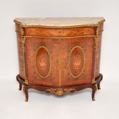 Antique French Inlaid Walnut Marble Top Cabinet